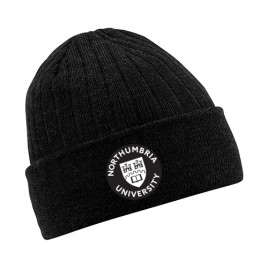 Black Northumbria University Crest Beanie, beanie, hat, northumbria, crest sillicone badge beanie, rubber badge beanie, knit hat, black beanie, black hat